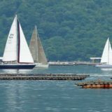 宮島一周ヨットレース　カキ筏とヨットの風景